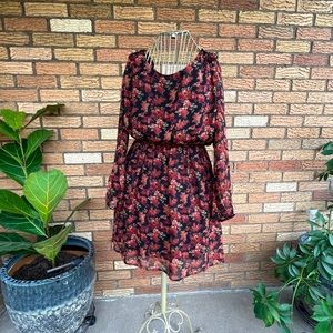 Flowy, Lusciously Fall Dress with Long Sleeves, Short Skirt, Deep V w/ Tie Back